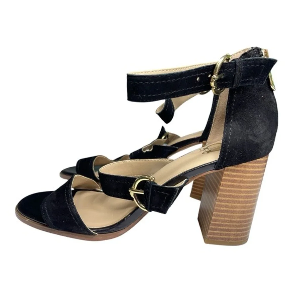 Wonder 9M Black Maya Block Heel Sandal Multi Strap Buckle‎ Gold Hardware Classic